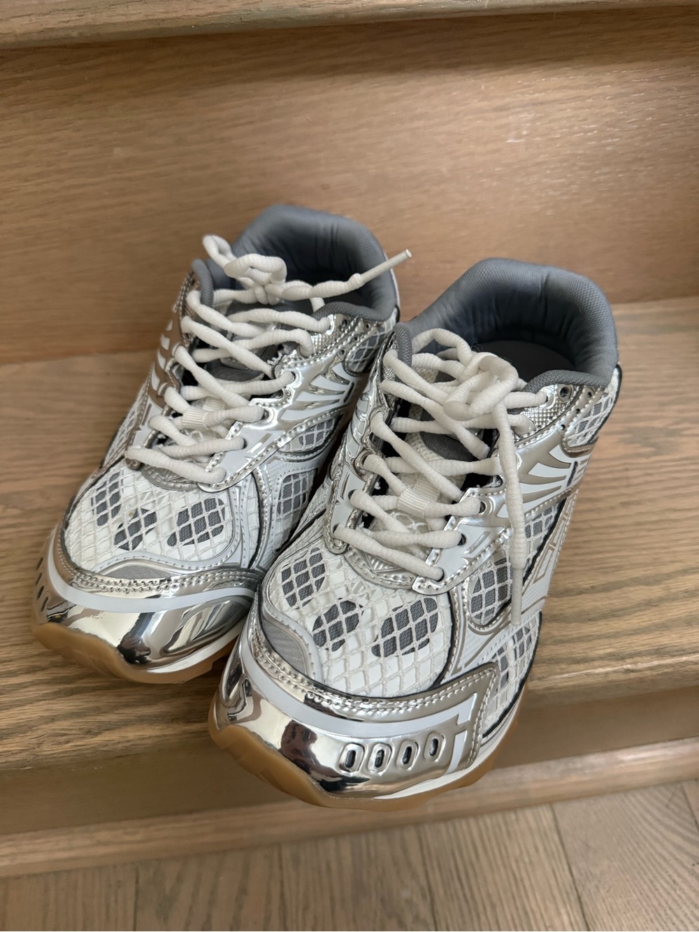 Silver Metallic Mesh Sneakers - White & Silver